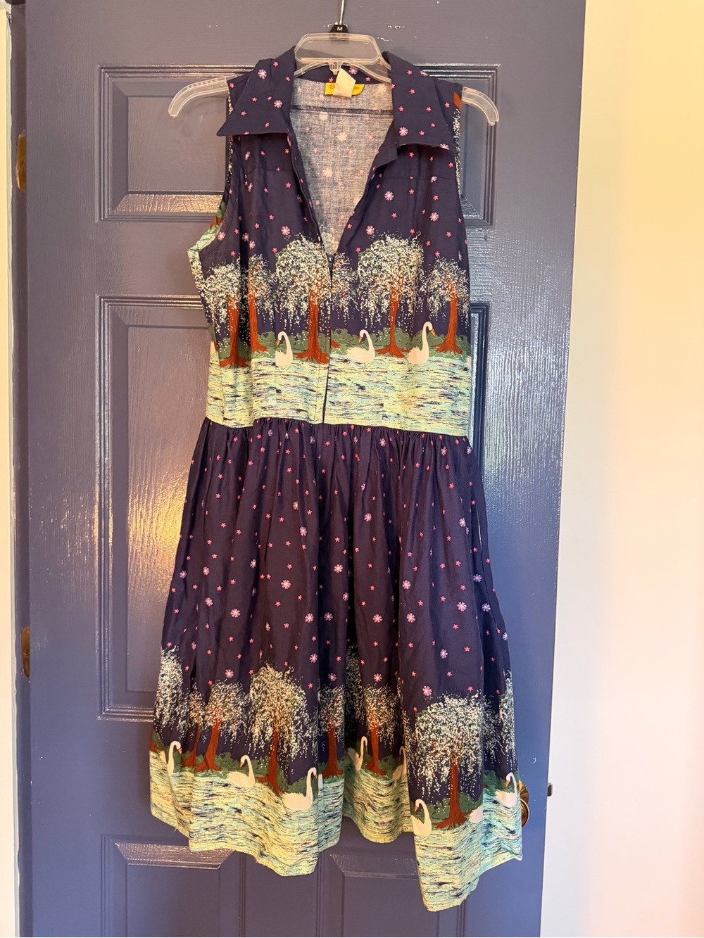 Bernie Dexter Navy Mari Swan Print Sleeveless Collared Dress 1X